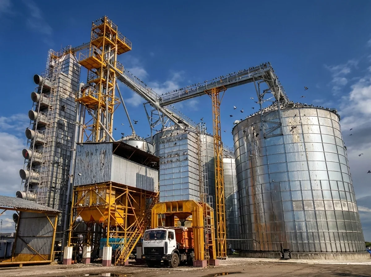 Complexo industrial com silos e estruturas metálicas